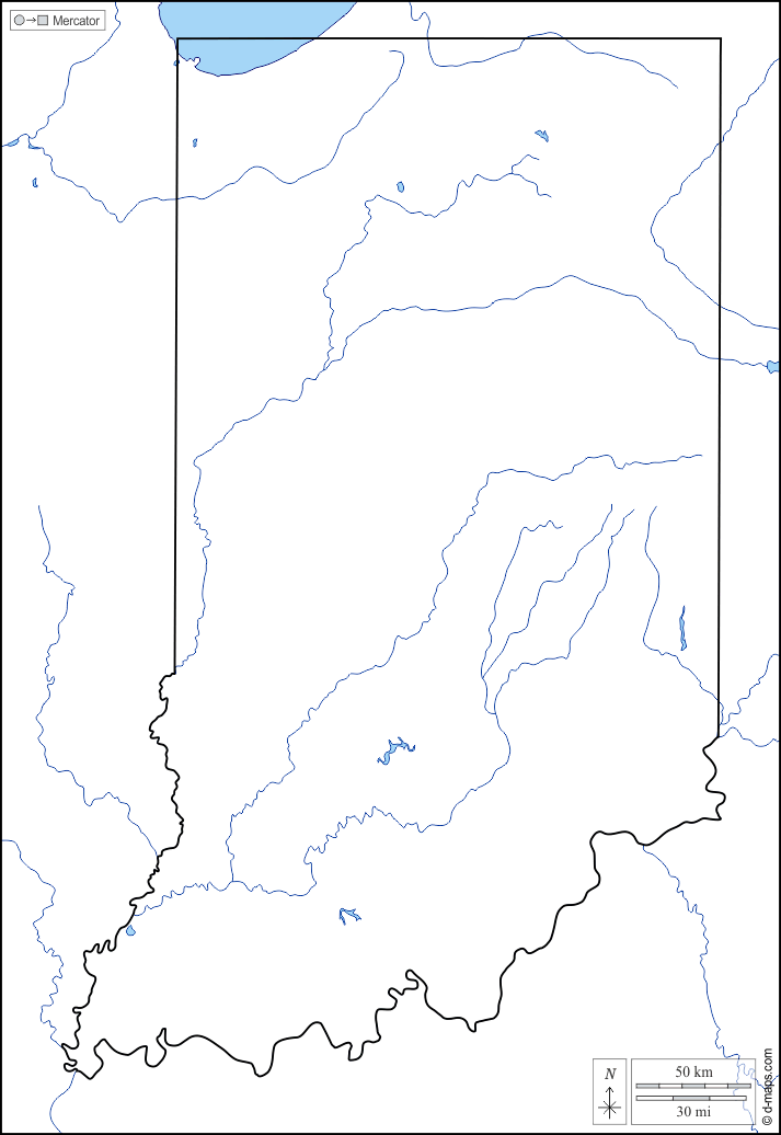 Indiana : d-maps.com: mappa gratuita, mappa muta gratuita, cartina muta gratuita : litorali, limiti, idrografia