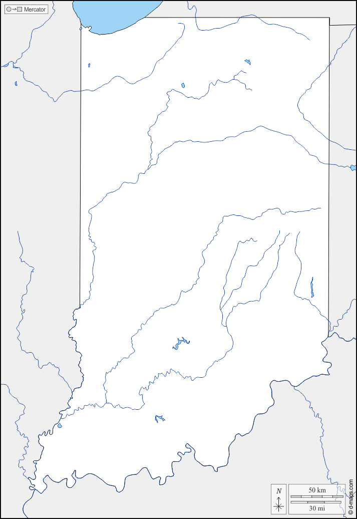 Indiana : d-maps.com: mappa gratuita, mappa muta gratuita, cartina muta gratuita : frontiere, idrografia