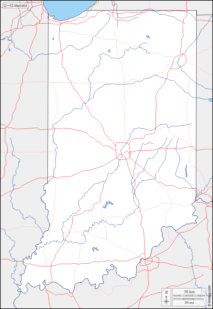 Indiana : d-maps.com: mappa gratuita, mappa muta gratuita, cartina muta gratuita : frontiere, idrografia, strade