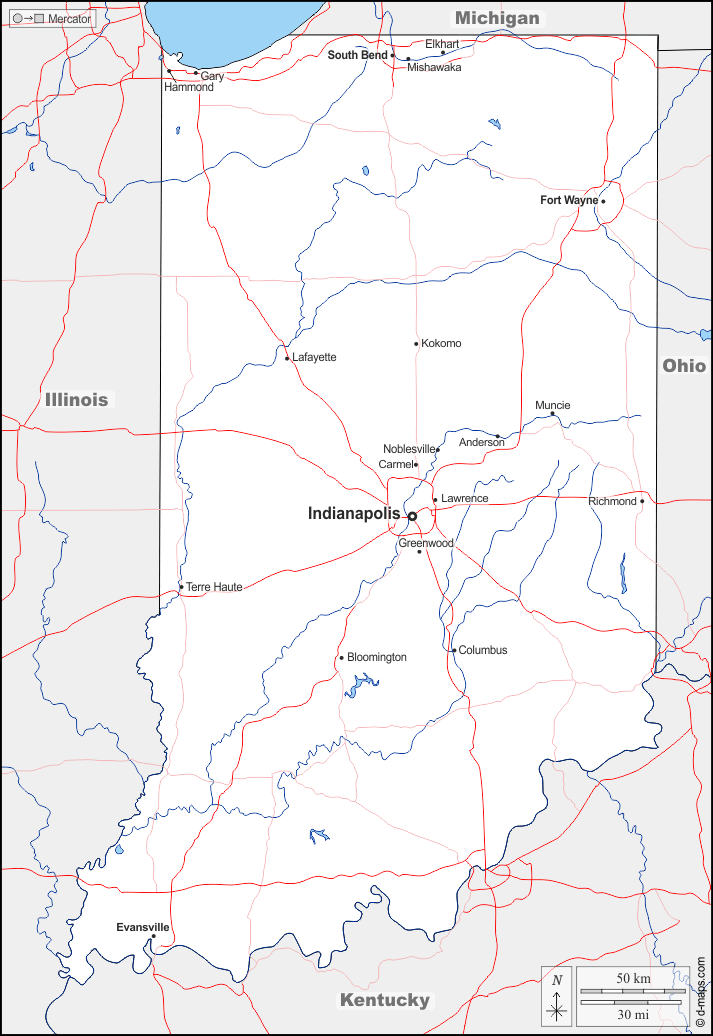 Indiana : d-maps.com: mappa gratuita, mappa muta gratuita, cartina muta gratuita : frontiere, idrografia, principali città, strade, nomi