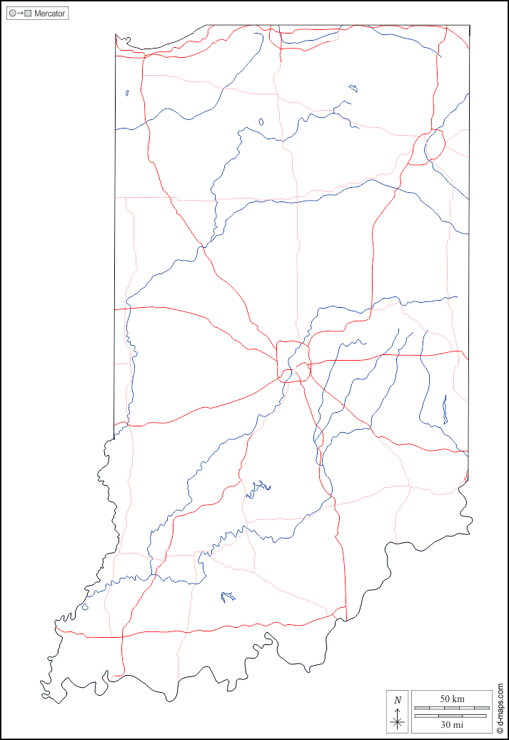 Indiana : d-maps.com: mappa gratuita, mappa muta gratuita, cartina muta gratuita : contorni, idrografia, strade, bianco