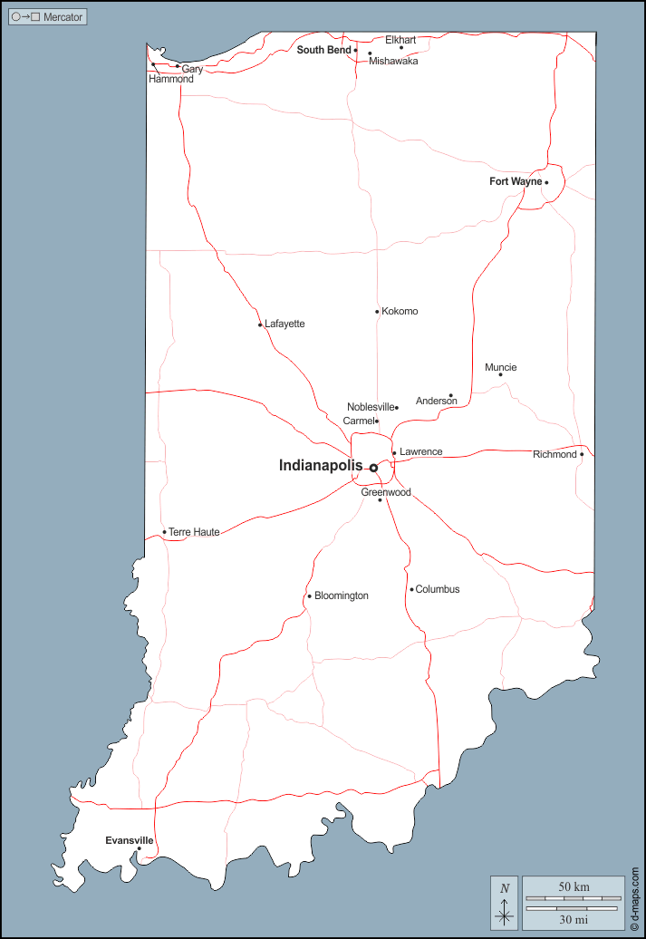 Indiana : d-maps.com: mappa gratuita, mappa muta gratuita, cartina muta gratuita : contorni, principali città, strade, nomi