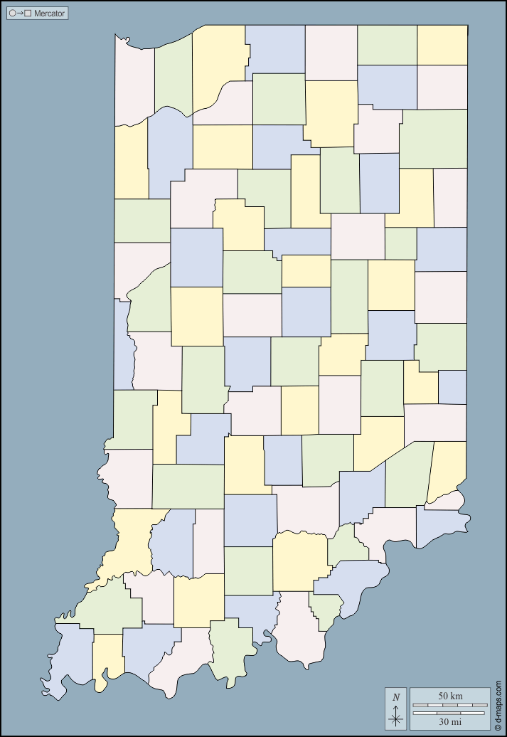 Indiana : d-maps.com: mappa gratuita, mappa muta gratuita, cartina muta gratuita : contorni, contee, colore