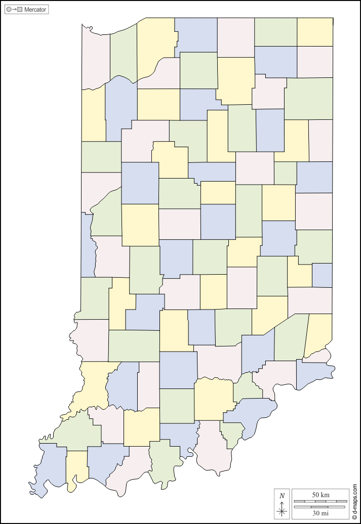 Indiana : d-maps.com: mappa gratuita, mappa muta gratuita, cartina muta gratuita : contorni, contee, colore, bianco