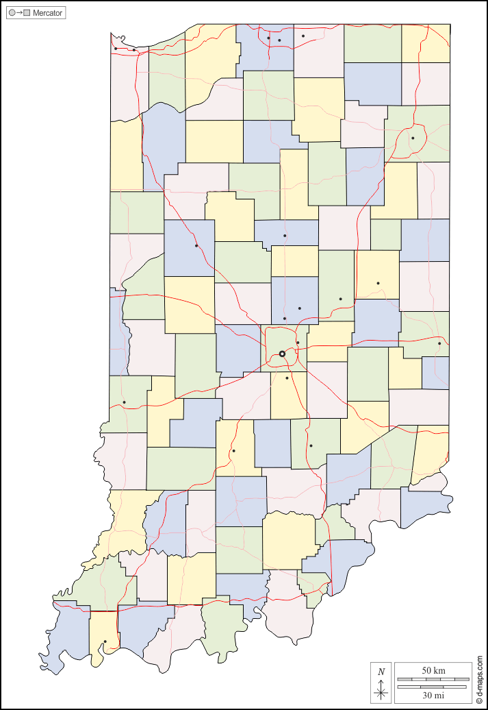 Indiana : d-maps.com: mappa gratuita, mappa muta gratuita, cartina muta gratuita : contorni, contee, principali città, strade, colore, bianco
