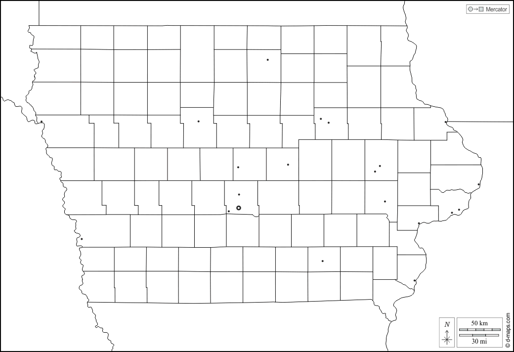 Iowa : d-maps.com: mappa gratuita, mappa muta gratuita, cartina muta gratuita : frontiere, contee, principali città, bianco