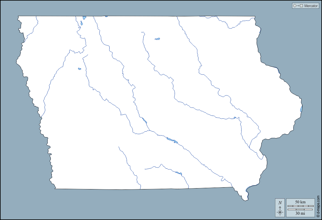 艾奥瓦州 : d-maps.com: 免费地图, 免费的空白地图, 免费的轮廓地图, 免费基地地图 : 大纲, 水文学