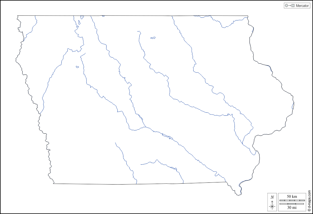 Iowa : d-maps.com: mappa gratuita, mappa muta gratuita, cartina muta gratuita : contorni, idrografia, bianco