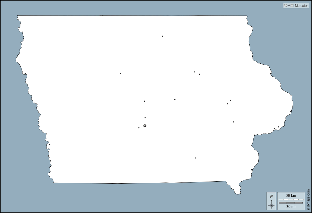 Iowa : d-maps.com: mappa gratuita, mappa muta gratuita, cartina muta gratuita : contorni, principali città