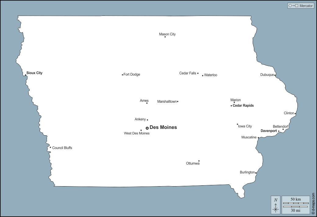Iowa : d-maps.com: mappa gratuita, mappa muta gratuita, cartina muta gratuita : contorni, principali città, nomi