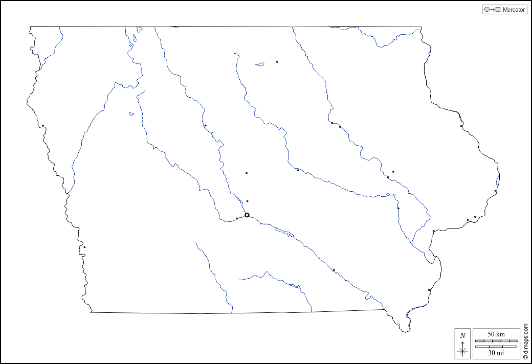 Iowa : d-maps.com: mappa gratuita, mappa muta gratuita, cartina muta gratuita : contorni, idrografia, principali città, bianco