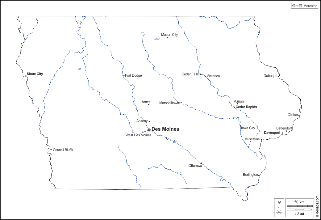 Iowa : d-maps.com: mappa gratuita, mappa muta gratuita, cartina muta gratuita : contorni, idrografia, principali città, nomi, bianco