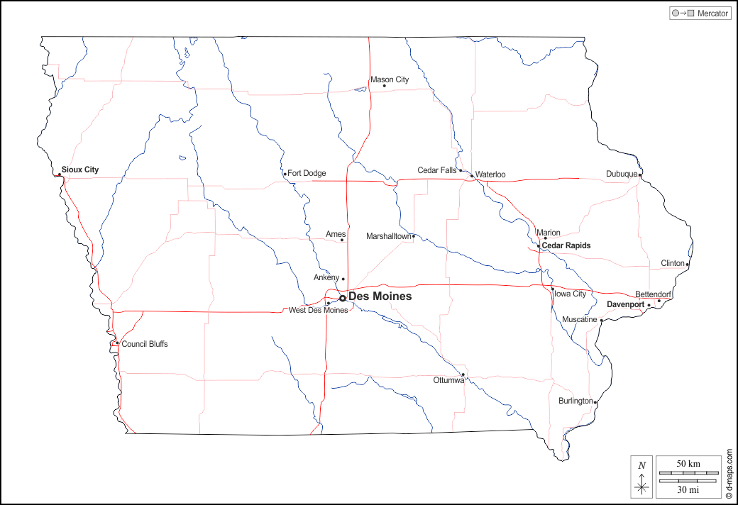 Iowa : d-maps.com: mappa gratuita, mappa muta gratuita, cartina muta gratuita : contorni, idrografia, principali città, strade, nomi, bianco