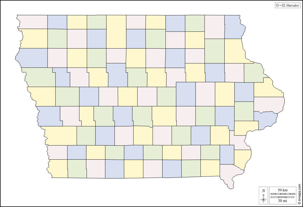 Iowa : d-maps.com: mappa gratuita, mappa muta gratuita, cartina muta gratuita : contorni, contee, colore, bianco