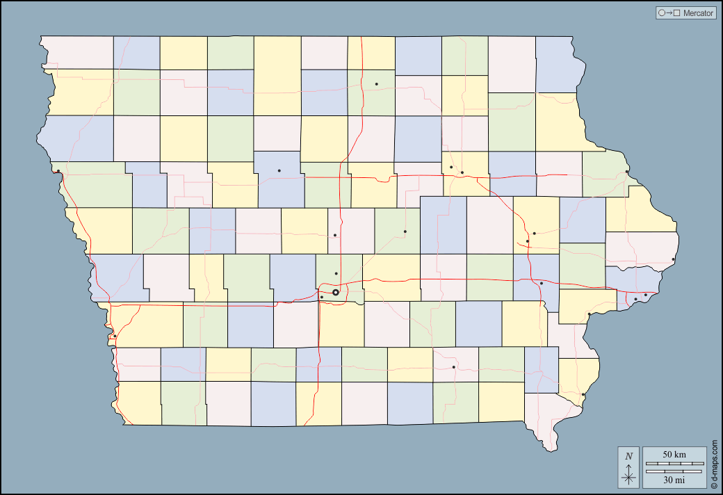 Iowa : d-maps.com: mappa gratuita, mappa muta gratuita, cartina muta gratuita : contorni, contee, principali città, strade, colore