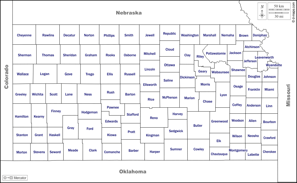 Kansas : d-maps.com: mappa gratuita, mappa muta gratuita, cartina muta gratuita : frontiere, contee, nomi, bianco