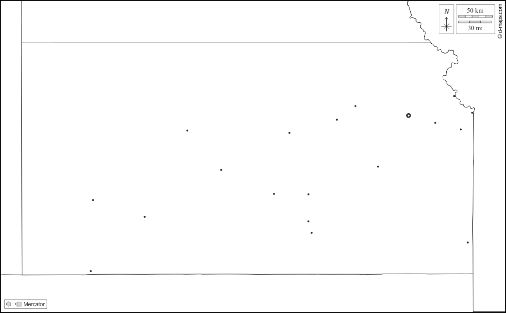 Kansas : d-maps.com: mappa gratuita, mappa muta gratuita, cartina muta gratuita : frontiere, principali città, bianco