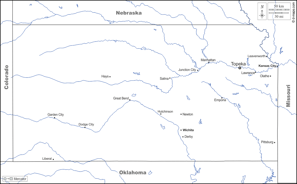Kansas : d-maps.com: mappa gratuita, mappa muta gratuita, cartina muta gratuita : frontiere, idrografia, principali città, nomi, bianco