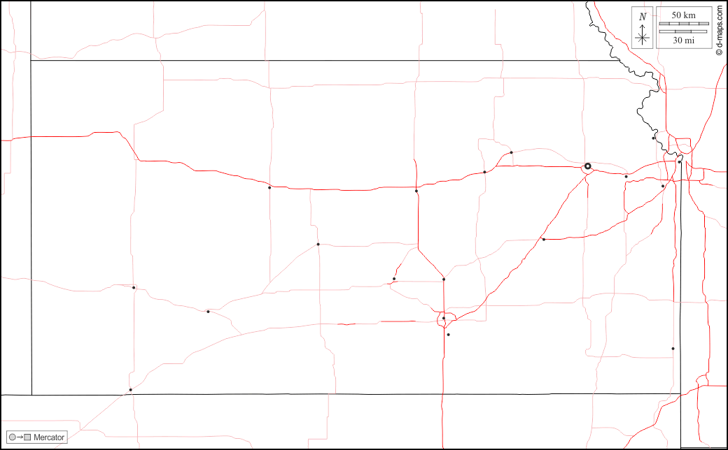 Kansas : d-maps.com: mappa gratuita, mappa muta gratuita, cartina muta gratuita : frontiere, principali città, strade, bianco