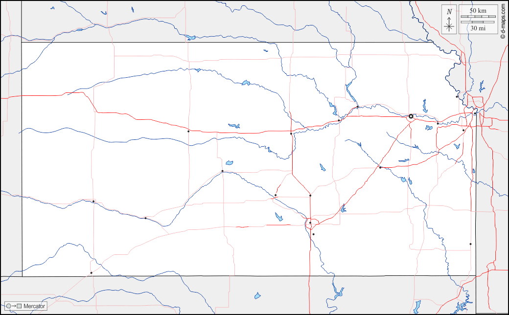 Kansas : d-maps.com: mappa gratuita, mappa muta gratuita, cartina muta gratuita : frontiere, idrografia, principali città, strade