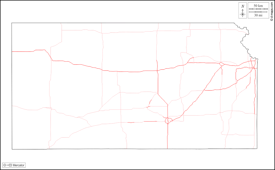 Kansas : d-maps.com: mappa gratuita, mappa muta gratuita, cartina muta gratuita : contorni, strade, bianco