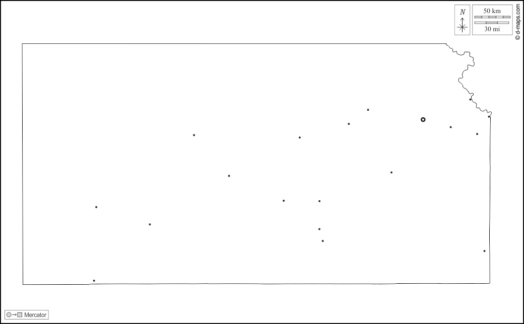 Kansas : d-maps.com: mappa gratuita, mappa muta gratuita, cartina muta gratuita : contorni, principali città, bianco