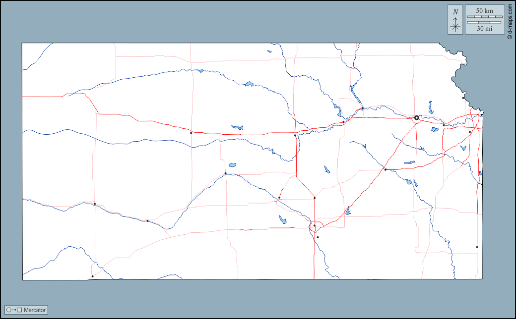 Kansas : d-maps.com: mappa gratuita, mappa muta gratuita, cartina muta gratuita : contorni, idrografia, principali città, strade