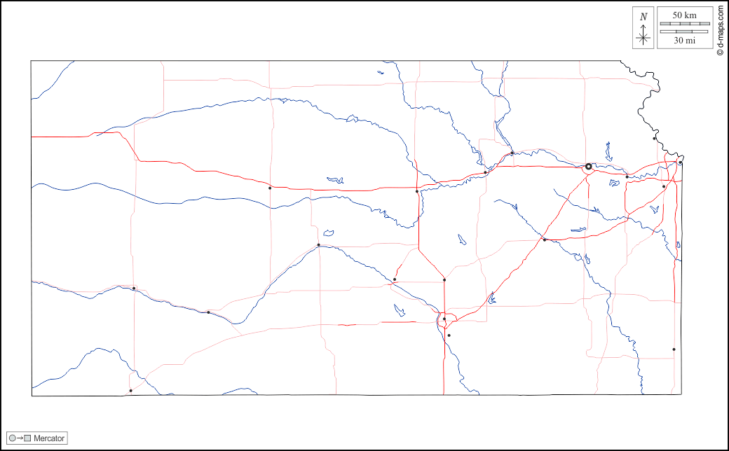 Kansas : d-maps.com: mappa gratuita, mappa muta gratuita, cartina muta gratuita : contorni, idrografia, principali città, strade, bianco