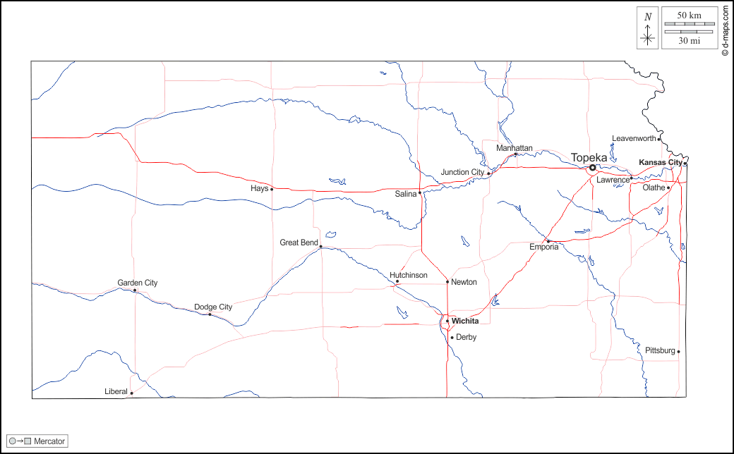 Kansas : d-maps.com: mappa gratuita, mappa muta gratuita, cartina muta gratuita : contorni, idrografia, principali città, strade, nomi, bianco
