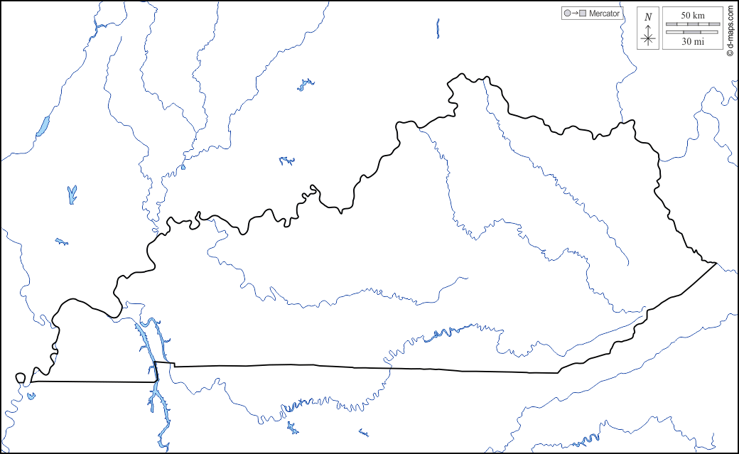 Kentucky : d-maps.com: mappa gratuita, mappa muta gratuita, cartina muta gratuita : limiti, idrografia