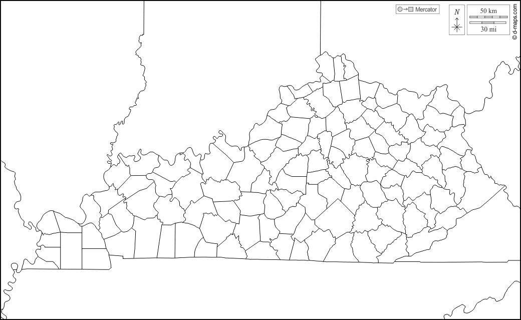 Kentucky : d-maps.com: Kostenlose Karten, kostenlose stumme Karte, kostenlose unausgefüllt Landkarte, kostenlose hochauflösende Umrisskarte : Grenzen, Landkreise, weiß