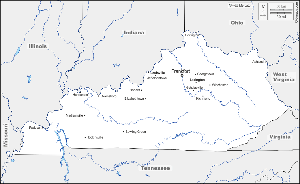 Kentucky : d-maps.com: mappa gratuita, mappa muta gratuita, cartina muta gratuita : frontiere, idrografia, principali città, nomi