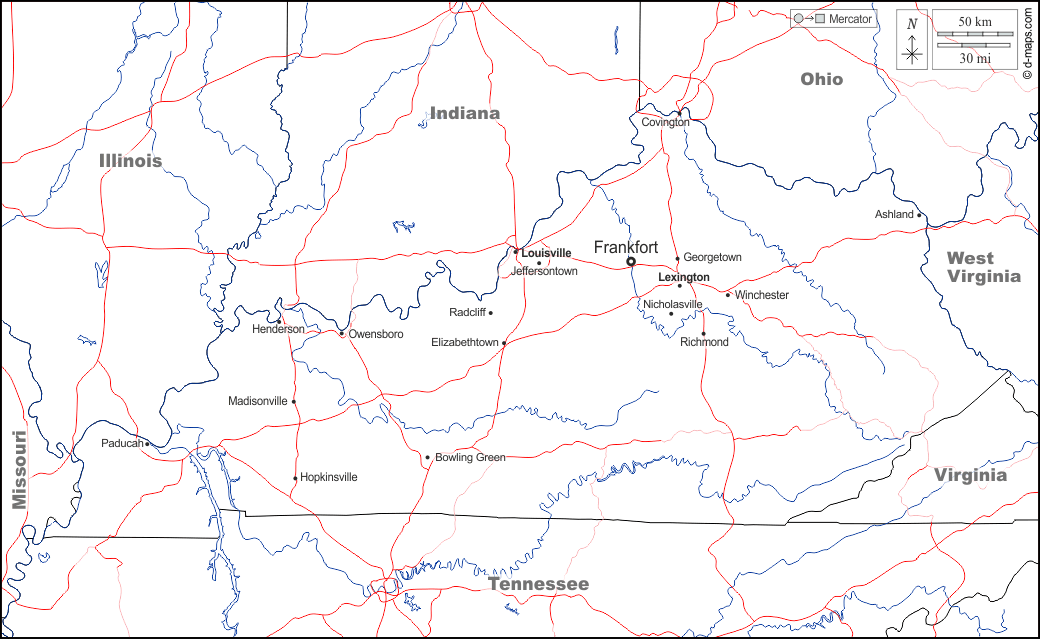 Kentucky : d-maps.com: mappa gratuita, mappa muta gratuita, cartina muta gratuita : frontiere, idrografia, principali città, strade, nomi, bianco