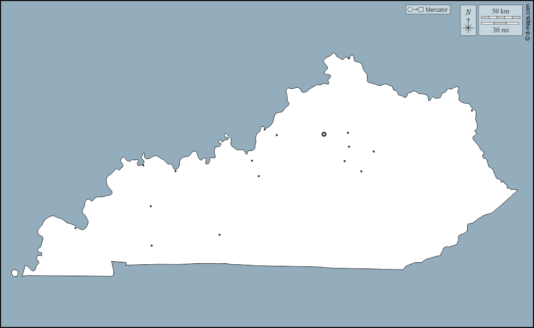 Kentucky : d-maps.com: mappa gratuita, mappa muta gratuita, cartina muta gratuita : contorni, principali città