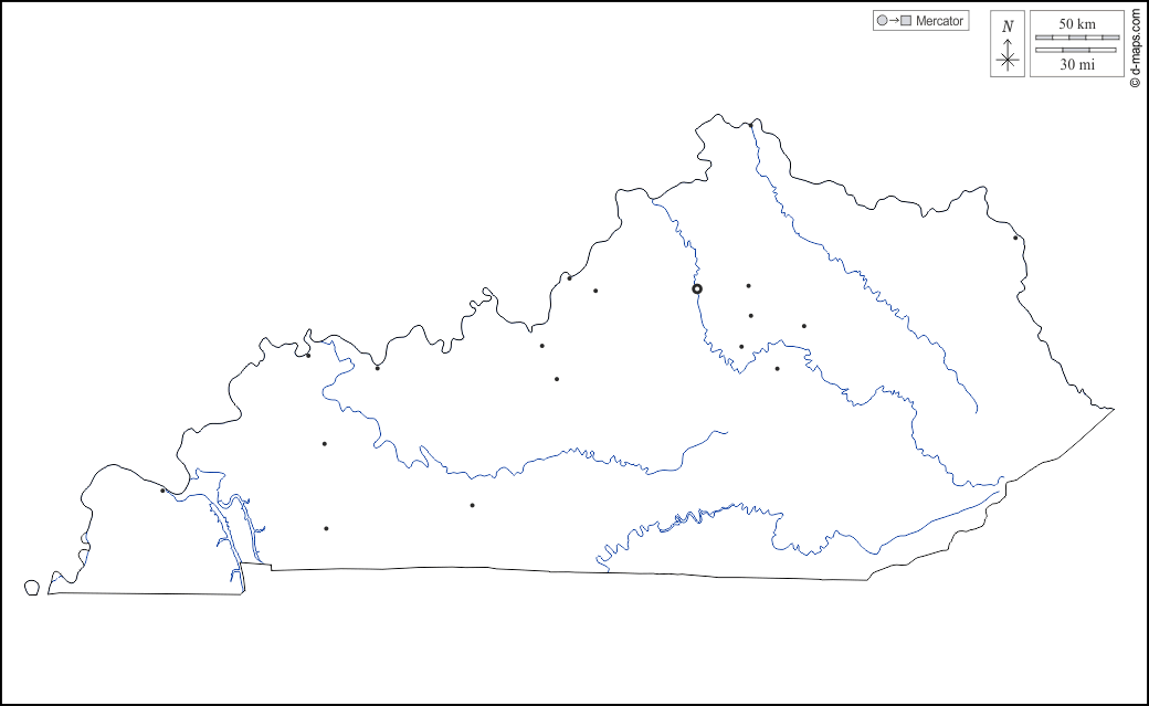 Kentucky : d-maps.com: mappa gratuita, mappa muta gratuita, cartina muta gratuita : contorni, idrografia, principali città, bianco
