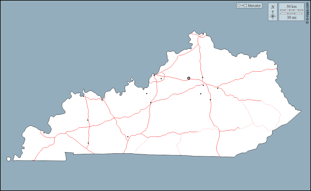 Kentucky : d-maps.com: mappa gratuita, mappa muta gratuita, cartina muta gratuita : contorni, principali città, strade