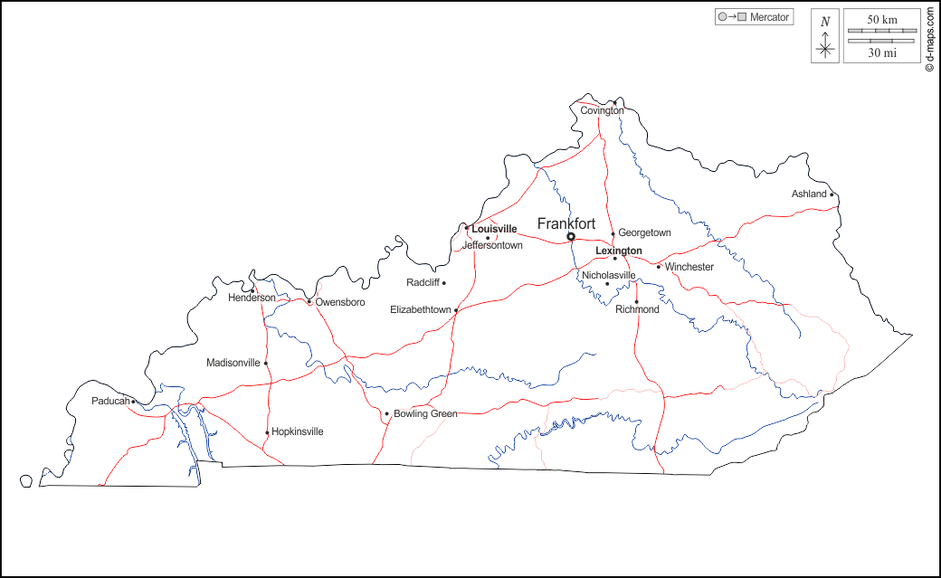 Kentucky : d-maps.com: mappa gratuita, mappa muta gratuita, cartina muta gratuita : contorni, idrografia, principali città, strade, nomi, bianco
