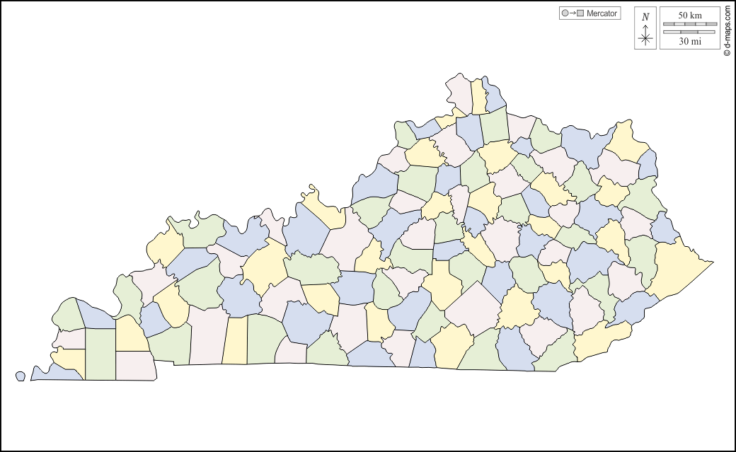 Kentucky : d-maps.com: mappa gratuita, mappa muta gratuita, cartina muta gratuita : contorni, contee, colore, bianco