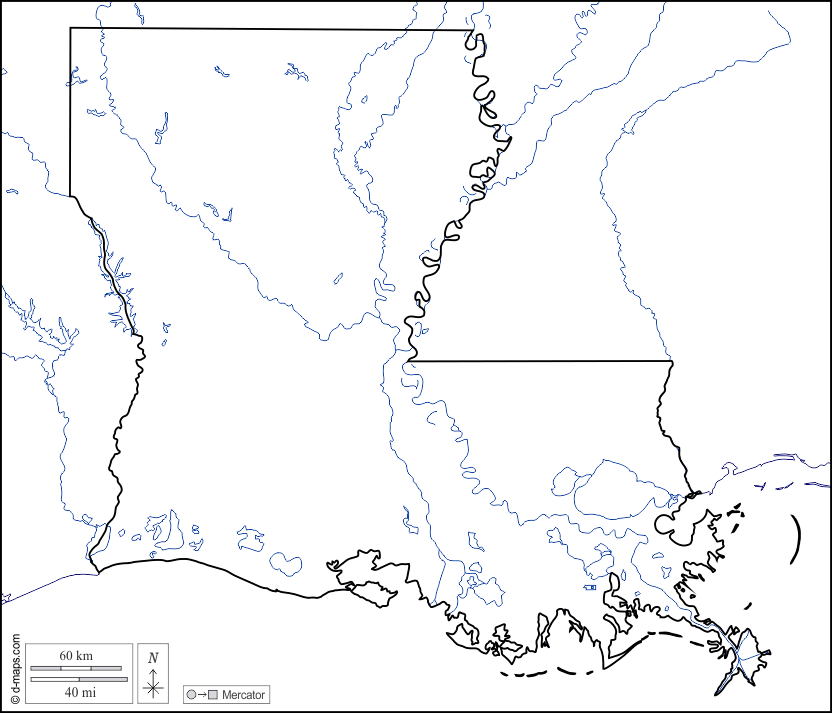 Louisiana : d-maps.com: mappa gratuita, mappa muta gratuita, cartina muta gratuita : litorali, limiti, idrografia, bianco