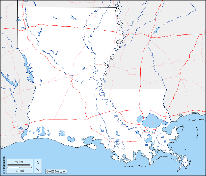 Louisiana : d-maps.com: mappa gratuita, mappa muta gratuita, cartina muta gratuita : frontiere, idrografia, strade