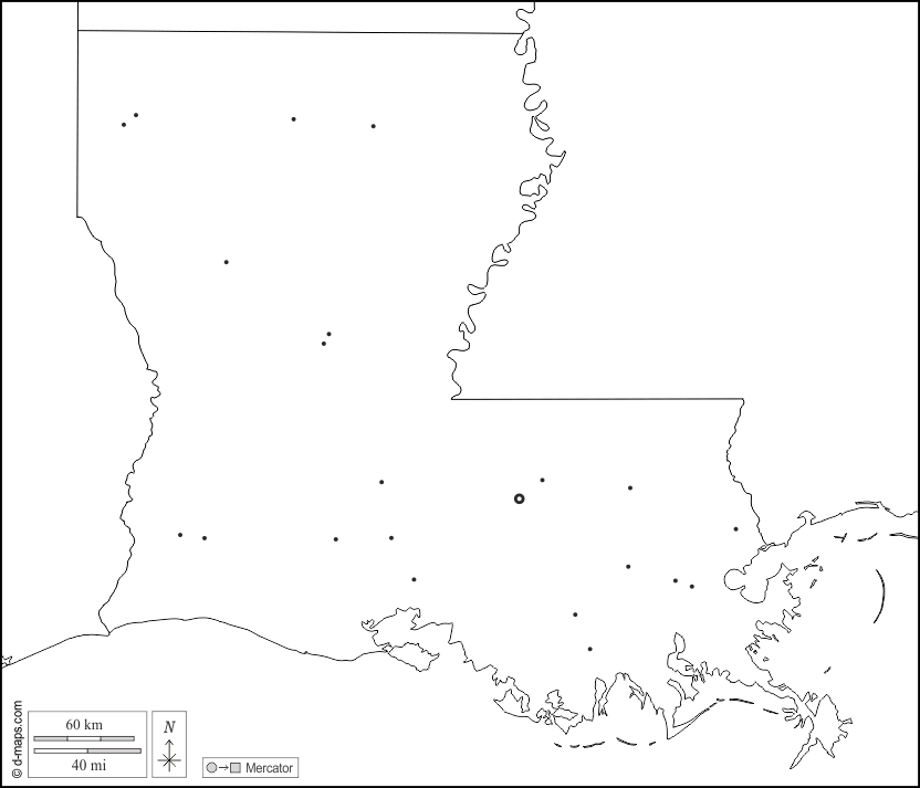 Louisiana : d-maps.com: mappa gratuita, mappa muta gratuita, cartina muta gratuita : frontiere, principali città, bianco