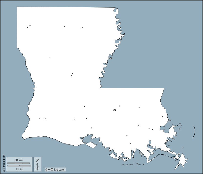 Louisiana : d-maps.com: mappa gratuita, mappa muta gratuita, cartina muta gratuita : contorni, principali città