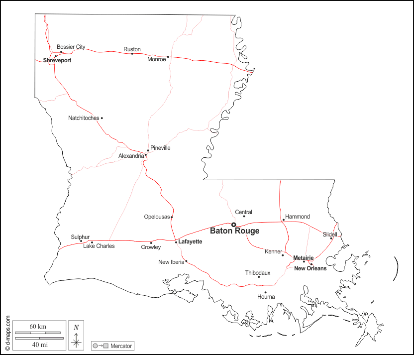 Louisiana : d-maps.com: Kostenlose Karten, kostenlose stumme Karte, kostenlose unausgefüllt Landkarte, kostenlose hochauflösende Umrisskarte : Umrisse, Wichtige Städte, Straßen, Namen, weiß
