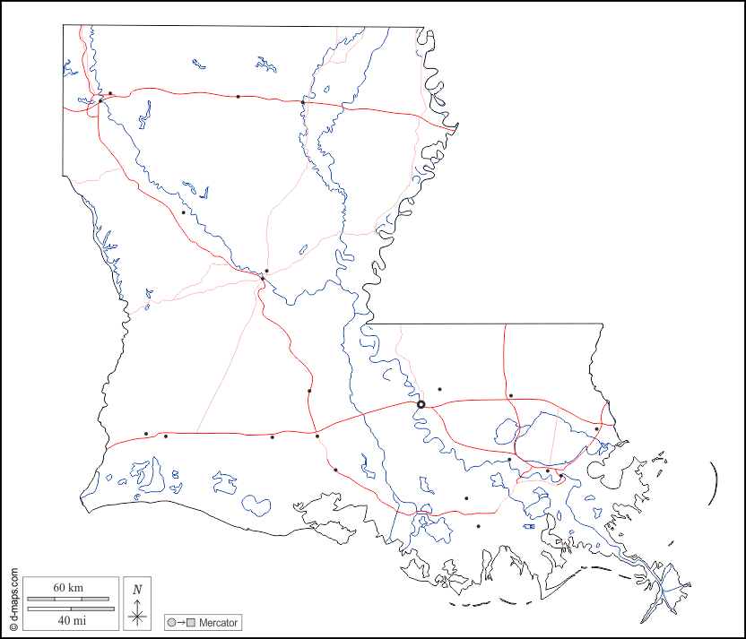 Louisiana : d-maps.com: mappa gratuita, mappa muta gratuita, cartina muta gratuita : contorni, idrografia, principali città, strade, bianco
