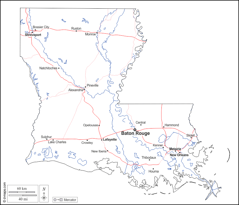 Louisiana : d-maps.com: mappa gratuita, mappa muta gratuita, cartina muta gratuita : contorni, idrografia, principali città, strade, nomi, bianco