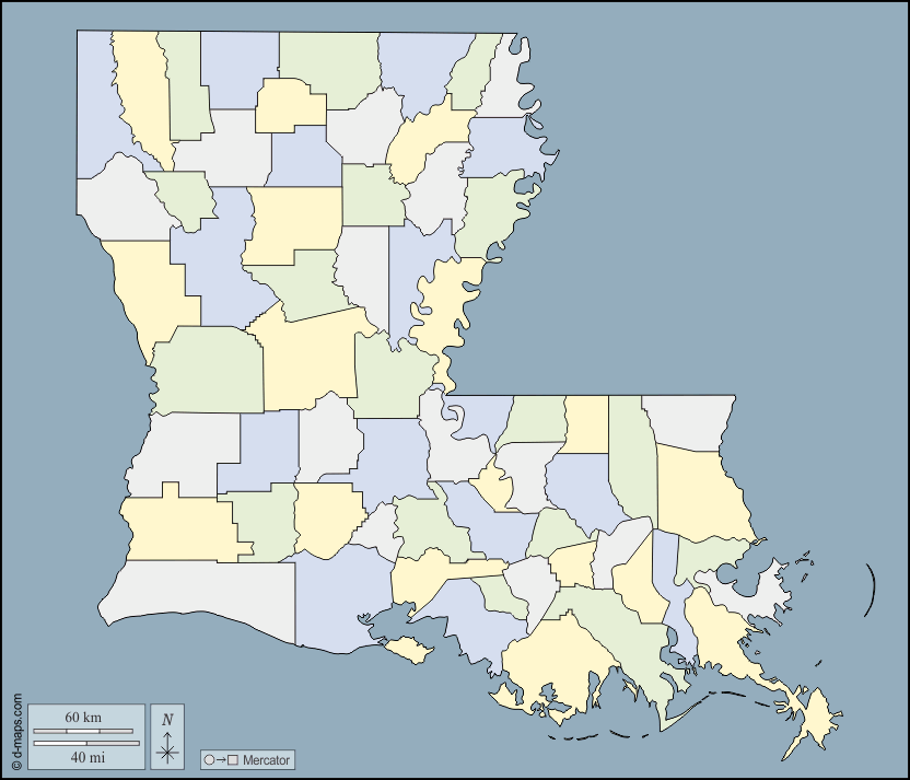Louisiana : d-maps.com: mappa gratuita, mappa muta gratuita, cartina muta gratuita : contorni, parrocchie, colore