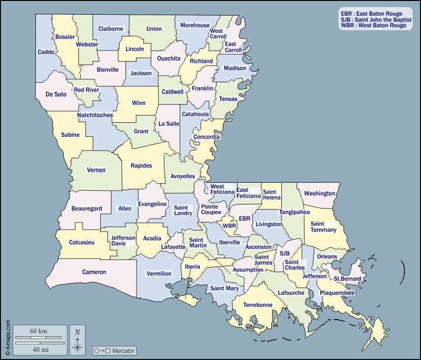 Louisiana : d-maps.com: Kostenlose Karten, kostenlose stumme Karte, kostenlose unausgefüllt Landkarte, kostenlose hochauflösende Umrisskarte : Umrisse, Kirchengemeinden, Namen, Farbe