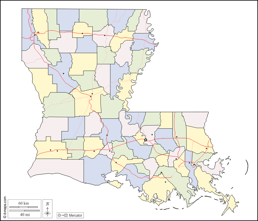 Louisiana : d-maps.com: mappa gratuita, mappa muta gratuita, cartina muta gratuita : contorni, parrocchie, principali città, strade, colore, bianco
