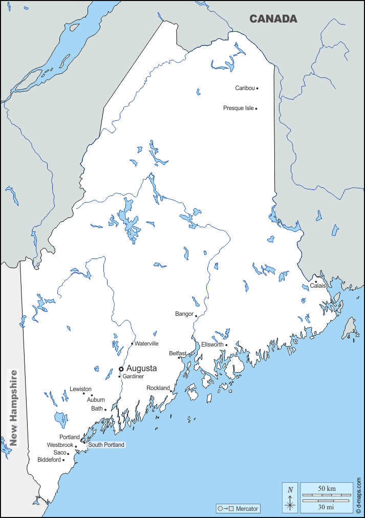 Maine : d-maps.com: mappa gratuita, mappa muta gratuita, cartina muta gratuita : frontiere, idrografia, principali città, nomi