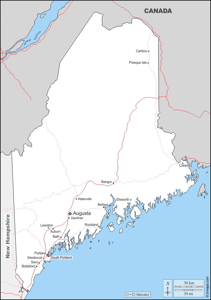 Maine : d-maps.com: mappa gratuita, mappa muta gratuita, cartina muta gratuita : frontiere, principali città, strade, nomi